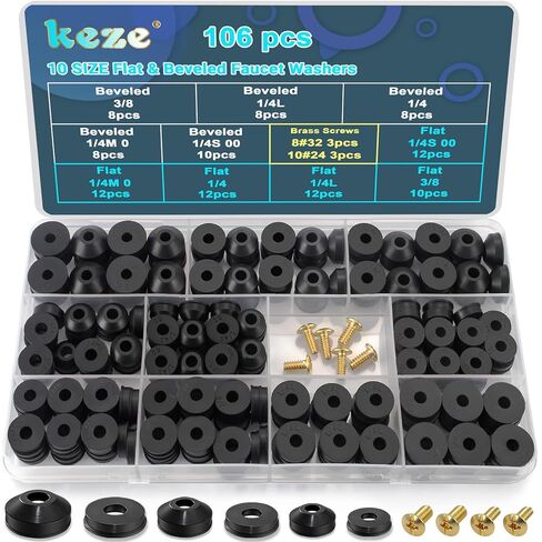 KEZE 96 PCS 10 Size Faucet Washers Assorted Kit with Brass Bibb Screws Assortment Flat and Beveled Rubber Washer for DIY Outdoor Faucets Stem Leak Worn Out Seal Repair in Saudi Arabia