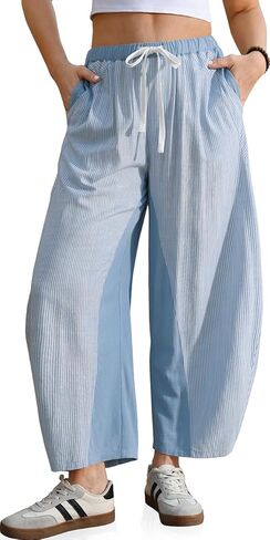 TARSE Womens Wide Leg Barrel Pants Striped Drawstring Elastic Waist Loose Fit Summer Boho Casual Trendy Pants with Pockets in Saudi Arabia