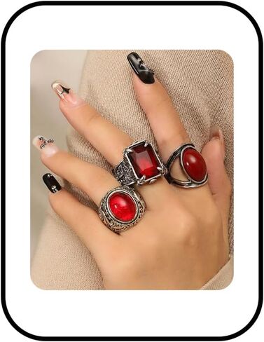 Vintage Red Gemstone Rings Set Stainless Steel Cubic Zirconia Square Round Ring Set Punk Style Stackable Hip Hop Rings for Men Women in Saudi Arabia