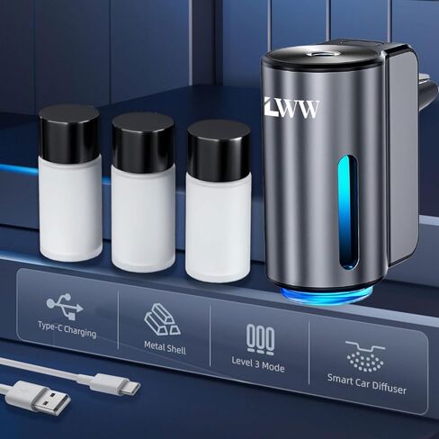 معطر هواء السيارة الذكية LWW، 3 مستويات كثافة، ناشر رائحة قابل لإعادة الشحن، 3 زجاجات عطر × 10 مل، قابلة للتعديل، رائحة سوداء قوية (نكهة هادئة + منعشة + نكهة المحيط) in Kuwait