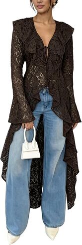Lace Cardigan for Women Maxi Summer Lightweight Open Front Tie Bell Long Sleeve Ruffled Tops Duster Swimsuit Cover Up in Kuwait
