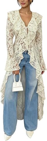 Lace Cardigan for Women Maxi Summer Lightweight Open Front Tie Bell Long Sleeve Ruffled Tops Duster Swimsuit Cover Up in Kuwait