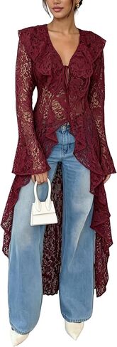 Lace Cardigan for Women Maxi Summer Lightweight Open Front Tie Bell Long Sleeve Ruffled Tops Duster Swimsuit Cover Up in Kuwait