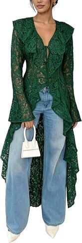 Lace Cardigan for Women Maxi Summer Lightweight Open Front Tie Bell Long Sleeve Ruffled Tops Duster Swimsuit Cover Up in Kuwait