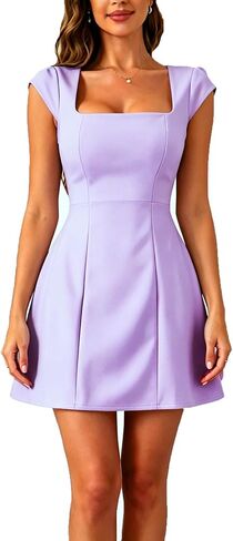Women’s Elegant Square Neck Mini Dress Short Sleeve Flowy A-Line Summer Casual Beach Party Dresses in Saudi Arabia