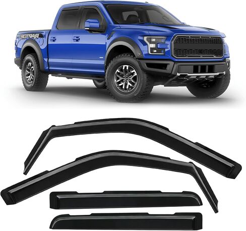 واقيات المطر خارج القناة مناسبة لـ 2015-2025 Ford F150 SuperCrew، واقيات المطر للنافذة، واقيات الشمس، شريط على فتحات التهوية، تصميم محدث من ألياف الكربون باللون الأسود 4 قطع in Kuwait
