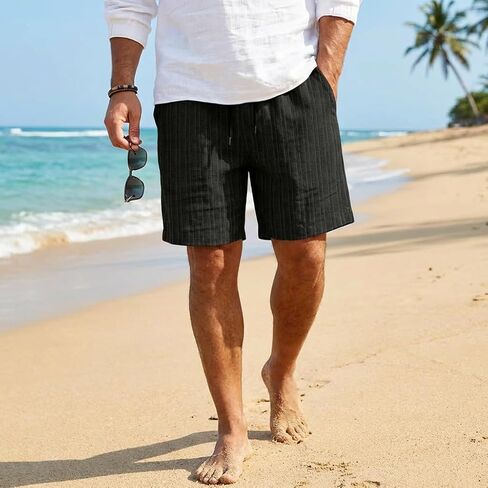 Mens Cotton Linen Shorts Drawstring Elastic Waist Summer Beach Shorts with Pocket in Saudi Arabia