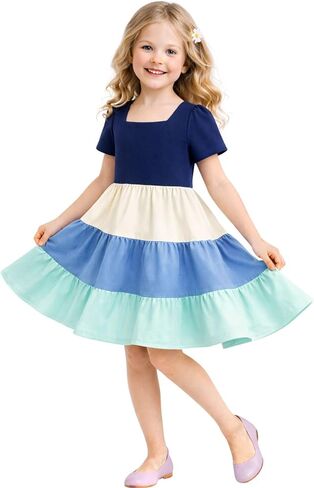 HILEELANG Girls Dress Colorblock Tiered Lightweight Soft Cotton Spring Summer Twirl Dress for Toddler Little Girls 2-8Y in Saudi Arabia