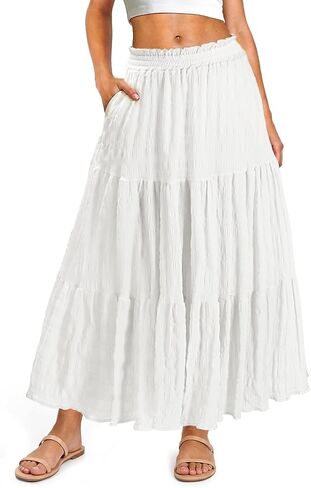 Women’s Boho Maxi Skirt Elastic High Waist A Line Flowy Ruffle Spring Beach Long Skirt with Pockets in Saudi Arabia