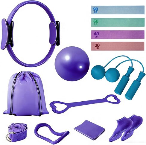 Pilates Equipment Set for Women, 13-in-1 Home Pilates Workout Kit with 12.9" Ring, 9.8" Ball, 4 Fabric Resistance Loop Bands, Figure-8, Stretch Strap, Cordless Jump Rope, Yoga Socks & Carry Bagh in Saudi Arabia
