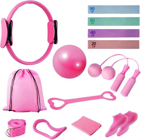 Pilates Equipment Set for Women, 13-in-1 Home Pilates Workout Kit with 12.9" Ring, 9.8" Ball, 4 Fabric Resistance Loop Bands, Figure-8, Stretch Strap, Cordless Jump Rope, Yoga Socks & Carry Bagh in Saudi Arabia