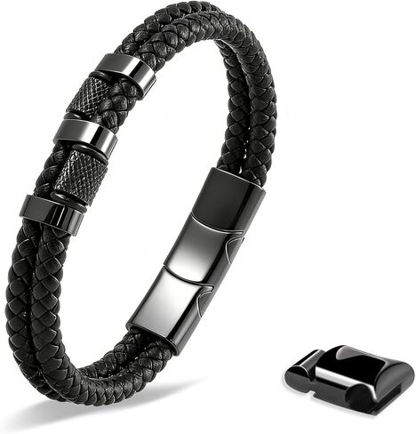 black genuine leather bracelet for men with adjustable stainless steel magnetic clasp - multi-layer braided rope design - stylish bracelet for men Fits wrist sizes 6.1-7.5 inches. in Saudi Arabia