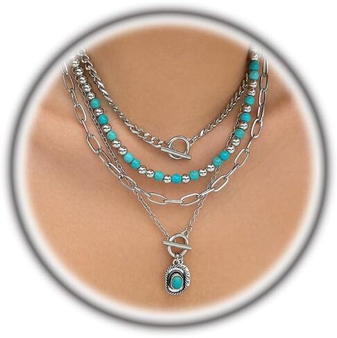 Rrdaily Layered Turquoise Beaded Western Necklaces for Women Vintage Western Jewelry Ox-head Cactus Choker Country Concert Cowgirl Dresses Accessories in Saudi Arabia