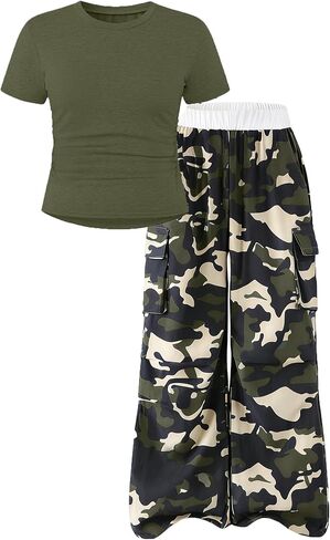 Girls Clothes 2PC Summer Outfits Pleated Short Sleeve Top and Camo Wide Leg Pants Set Kids Clothes Girls 6-16 Year in Saudi Arabia