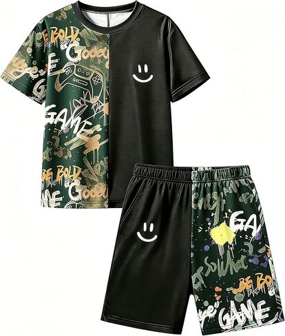 Teen Boy Clothes Boys Outfits 2PCS Short Sleeve T Shirt and Color Block Shorts Boys Summer Clothes Set 7-13Y in Saudi Arabia