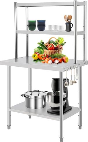 LALFPET 30x24 Inch Adjustable Stainless Steel Work Table with Shelves & Side Hook – Heavy Duty Commercial Kitchen Prep Table for Restaurant, Home, Garage – New, Total Height 65 Inches in Saudi Arabia