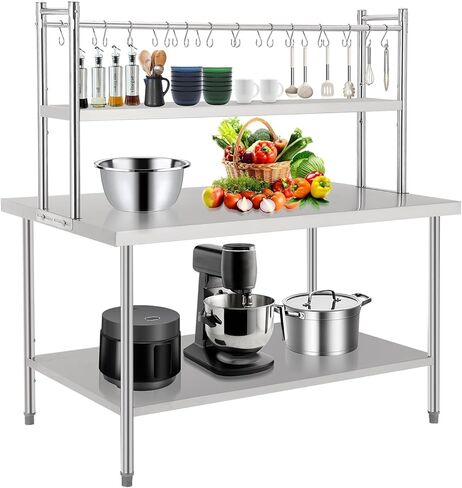 LALFPET 30x24 Inch Adjustable Stainless Steel Work Table with Shelves & Side Hook – Heavy Duty Commercial Kitchen Prep Table for Restaurant, Home, Garage – New, Total Height 65 Inches in Saudi Arabia