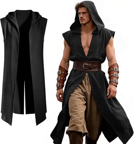 Medieval Costume Men Viking Hooded Sleeveless Surcoat, Mens Renaissance Costume Cloak for Halloween Assassin Cosplay in Saudi Arabia