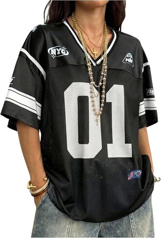 قمصان جيرسي للنساء، تيشيرتات كبيرة الحجم برسوم جرافيكية على شكل حرف V Y2k ملابس الشارع جيرسي لكرة القدم in Kuwait