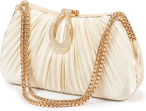 Women‘s Pleated Satin Clutch Purse， Evening Bag with Rhinestone Clasp & Detachable Chain， Formal Party Wedding Handbag in Saudi Arabia