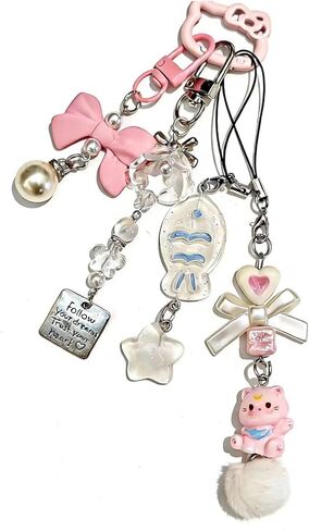 Floette Kawaii القط المفاتيح مجموعة سحر Y2K الجمالية لطيف القط حقيبة إكسسوارات جذابة القلب القوس قلادة in Kuwait