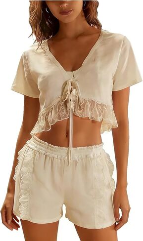 Womens Sexy Pajama Set Lace 2 Piece Lounge Sets Long Sleeve Shirts Wide Leg Pants Vintage Pj Sets in Saudi Arabia