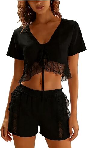 Womens Sexy Pajama Set Lace 2 Piece Lounge Sets Long Sleeve Shirts Wide Leg Pants Vintage Pj Sets in Saudi Arabia