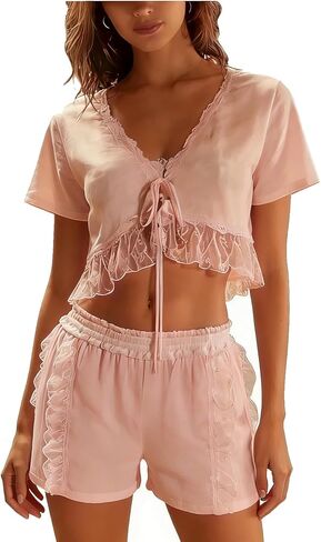 Womens Sexy Pajama Set Lace 2 Piece Lounge Sets Long Sleeve Shirts Wide Leg Pants Vintage Pj Sets in Saudi Arabia