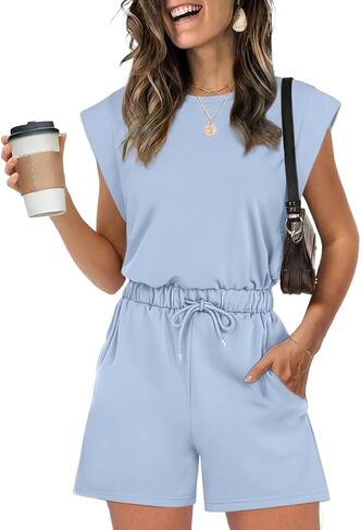 Rompers for Women Summer Cap Sleeve Adjustable Jumpsuit Casual Crewneck Drawstring Waistband Outfit with Pockets in Saudi Arabia