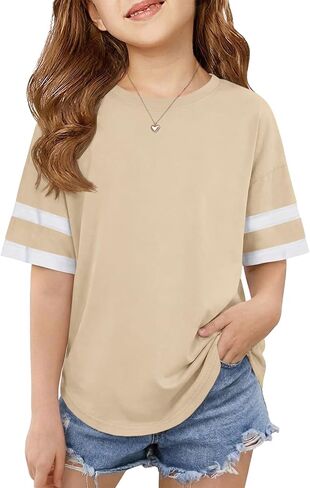 ZDC Girls Striped Short Sleeve T Shirts Kids Crewneck Loose Fit Tunic Tops Summer Tees Blouses 5-14 Years in Saudi Arabia