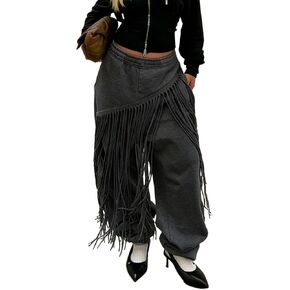 Womens Wide Leg Sweatpants High Waisted Baggy Pants Fashion Teen Girl Fringe Athletic Joggers with Pockets Tassels in Saudi Arabia