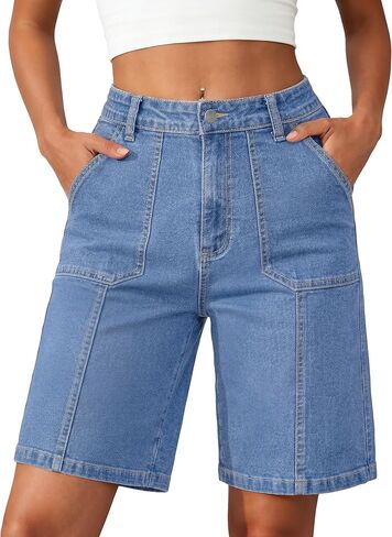 IWD برمودا الدينيم السراويل للنساء طول الركبة 4 جيوب شورتات جينز طويلة مرونة عالية الخصر الصيف Jorts in Saudi Arabia