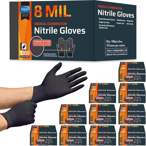Inspire HEAVY DUTY ORIGINAL قفازات نيتريل سوداء قابلة للتمدد خالية من اللاتكس | طعام، ميكانيكي، 6 مل أسود أو 8 مل برتقالي in Kuwait
