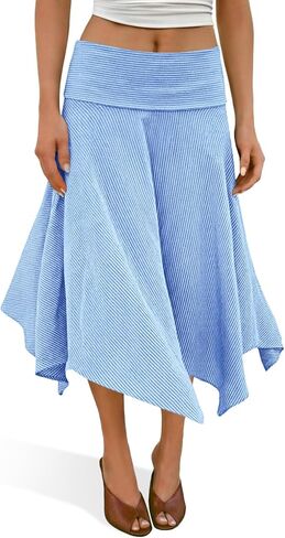 Tankaneo Womens Striped High Waisted Skirt Summer Casual Asymmetric Hem Flowy A Line Midi Skirts in Saudi Arabia