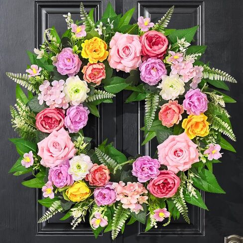 Yastouay Spring Wreaths for Front Door, 24 Inch Large Spring Door Wreath with Realistic Rose Peony Floral Wreath, Full Spring Summer Wreath for Porch Farmhouse Patio Door Wall Decor All Season in Saudi Arabia