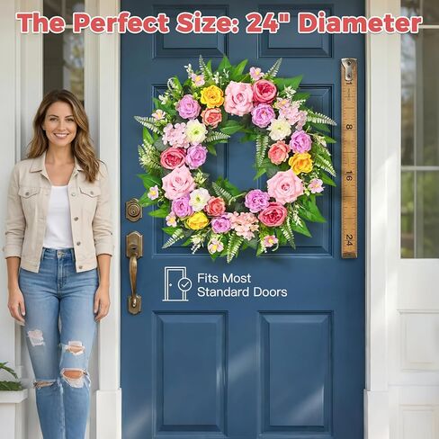 Yastouay Spring Wreaths for Front Door, 24 Inch Large Spring Door Wreath with Realistic Rose Peony Floral Wreath, Full Spring Summer Wreath for Porch Farmhouse Patio Door Wall Decor All Season in Saudi Arabia