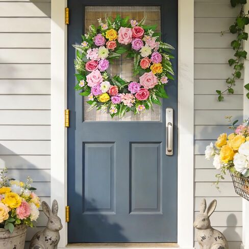Yastouay Spring Wreaths for Front Door, 24 Inch Large Spring Door Wreath with Realistic Rose Peony Floral Wreath, Full Spring Summer Wreath for Porch Farmhouse Patio Door Wall Decor All Season in Saudi Arabia