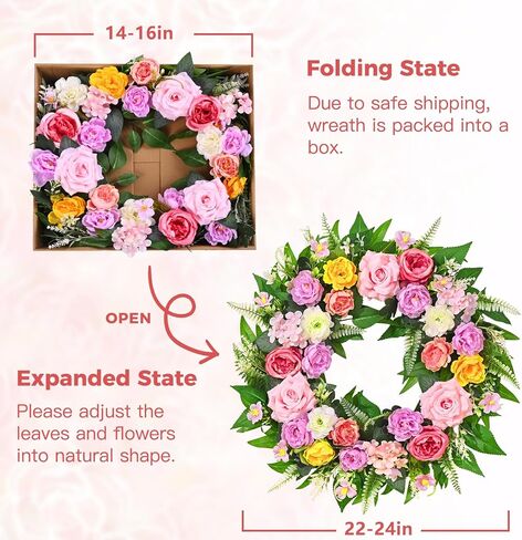 Yastouay Spring Wreaths for Front Door, 24 Inch Large Spring Door Wreath with Realistic Rose Peony Floral Wreath, Full Spring Summer Wreath for Porch Farmhouse Patio Door Wall Decor All Season in Saudi Arabia