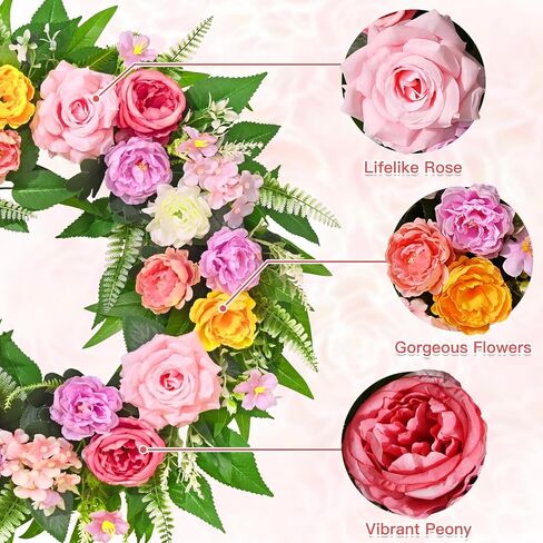 Yastouay Spring Wreaths for Front Door, 24 Inch Large Spring Door Wreath with Realistic Rose Peony Floral Wreath, Full Spring Summer Wreath for Porch Farmhouse Patio Door Wall Decor All Season in Saudi Arabia