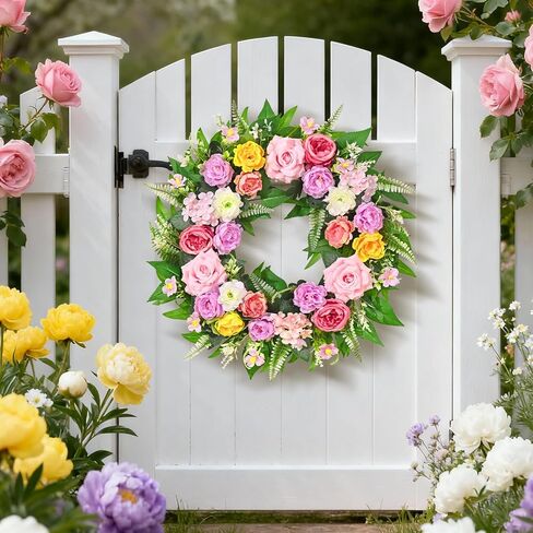 Yastouay Spring Wreaths for Front Door, 24 Inch Large Spring Door Wreath with Realistic Rose Peony Floral Wreath, Full Spring Summer Wreath for Porch Farmhouse Patio Door Wall Decor All Season in Saudi Arabia