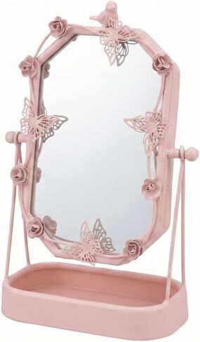 Vintage Gold Tabletop Makeup Mirror, Bird & Butterfly Decorative Vanity Mirror, 12.8" x 8.2" Retro Metal Standing Mirror for Dresser, Bedroom, and Bathroom in Saudi Arabia
