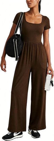 MAKABO Women's Summer One Piece Jumpsuits Casual Short Sleeve Square Neck Wide Leg Pant Rompers Outfits with Pockets in Saudi Arabia