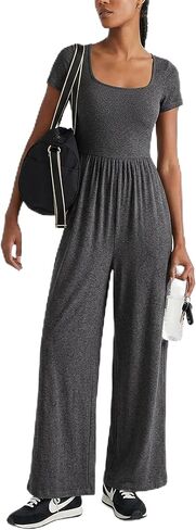 MAKABO Women's Summer One Piece Jumpsuits Casual Short Sleeve Square Neck Wide Leg Pant Rompers Outfits with Pockets in Saudi Arabia
