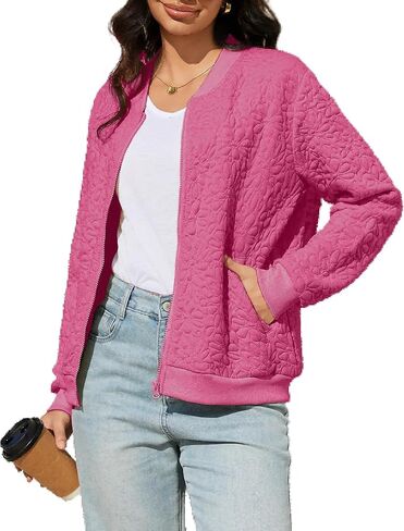 Women's Zip Up Cardigan Jacket Lightweight Casual Long Sleeve Sweatshirt Fall Outerwear Crewneck Jacquard Coat with Pockets in Kuwait