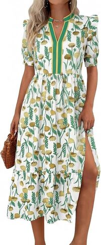 Wenrine Womens Summer Midi Dress Casual Floral Puff Short Sleeve V Neck Swing Flowy Boho Beach Dresses with Pockets in Saudi Arabia