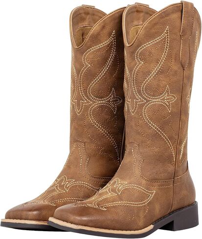 SheSole Cowboy Boots for Women Square Toe Mid Calf Cowgirl Shoes Comfortable Chunky Heel Ladies Brown Western Boots in Saudi Arabia