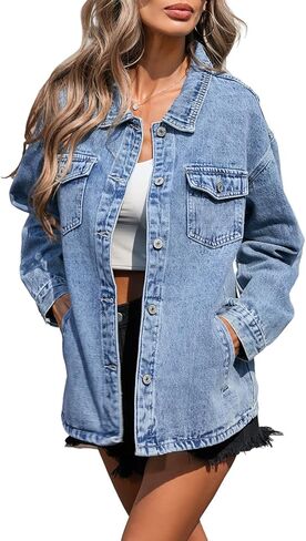 LifeShe Womens Denim Jackets Long Sleeve Button Down Jean Shacket Casual Loose Fit Vintage Denim Jackets with Pockets in Saudi Arabia