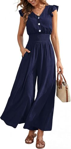 dowerme Women's Jumpsuits Dressy Casual 2026 Summer Ruffle Cap Sleeve V Neck Button Smocked Rompers Wide Leg Overalls in Saudi Arabia