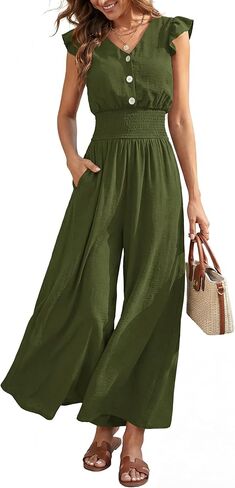 dowerme Women's Jumpsuits Dressy Casual 2026 Summer Ruffle Cap Sleeve V Neck Button Smocked Rompers Wide Leg Overalls in Saudi Arabia