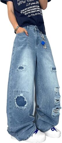 بنطال جينز رجالي واسع الساق ممزق فضفاض هيب هوب Y2k مريح وفضفاض من قماش الدنيم ملابس الشارع in Kuwait